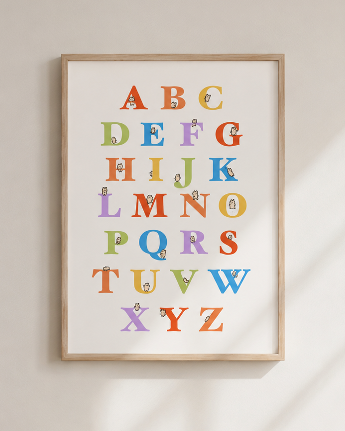 Alphabet poster with tiny hamsters climbing on each letter, poster is mounted on wall in light wooden frame